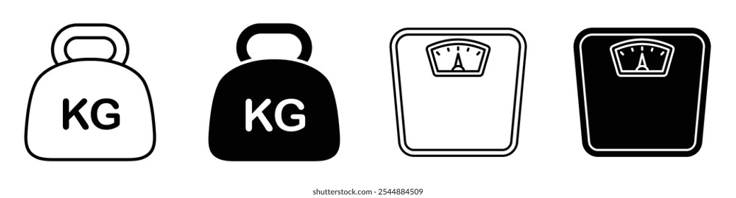 Weight icon collection in black and white filled and solid vector style.