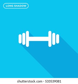Weight icon illustration isolated vector, cross-bar sign or barbell symbol in long shadow style on blue background
