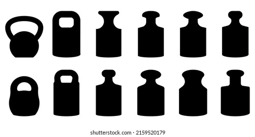 Weight icon. Kg weight logo. Kettlebell icons. Set of different dumbbell. Vector illustration.