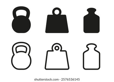 Icono de peso. Conjunto de Vector de masa de peso. Mancuerna aislada señal. Icono de masa Kg. Letrero de libra. Conjunto de peso aislado. Diseño de línea