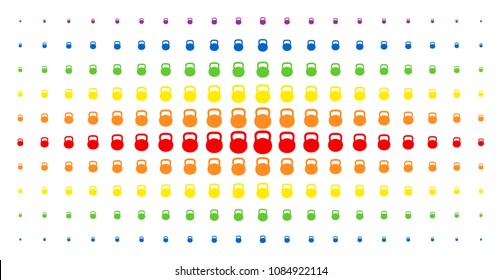 Weight icon rainbow colored halftone pattern. Vector weight shapes are arranged into halftone grid with vertical spectral gradient. Designed for backgrounds, covers,