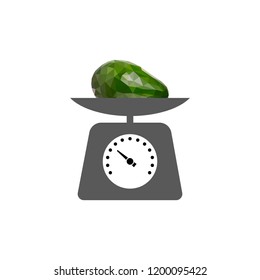 Weight icon. Scale sign. Low poly avocado. Polygonal illustration isolated on white background. Geometric fruit. Triangle avocado. Triangulation of a ripe avocado.