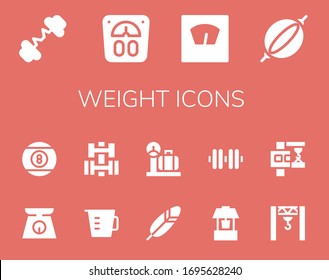 weight icon set. 14 filled weight icons. Included Barbell, Scale, Punching bag, Billiard, Measuring cup, Dumbbell, Feather, Well, Crane icons