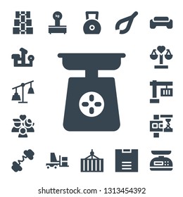 weight icon set. 17 filled weight icons.  Collection Of - Dumbbell, Bench press, Weights, Scale, Wellness, Balance, Crane, Barbell, Scales, Forklift, Weight, Container, Tweezers