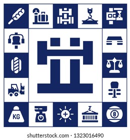 weight icon set. 17 filled weight icons.  Simple modern icons about  - Hot dog, Gym station, Barbell, Forklift, Fitness step, Balance, Exercise, Weight, Scale, Dumbbell, Crane