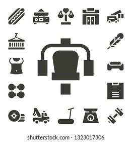 weight icon set. 17 filled weight icons.  Simple modern icons about  - Hot dog, Container, Abs, Gym station, Dumbbell, Feather, Gym, Scale, Weight, Balance, Crane, Treadmill, Sport
