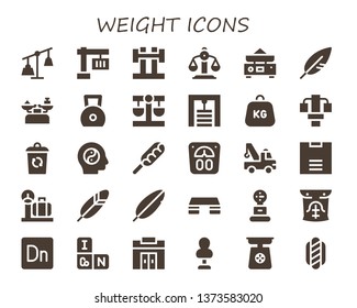 weight icon set. 30 filled weight icons.  Collection Of - Weights, Crane, Barbell, Balance, Feather, Scale, Weight, Gym station, Container, Hot dog, Fitness step, Abs, Dimension