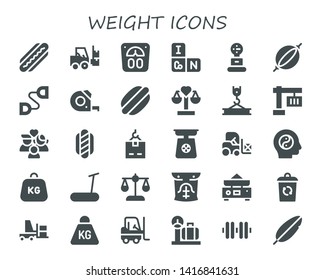 weight icon set. 30 filled weight icons.  Collection Of - Hot dog, Forklift, Scale, Periodic table, Weight, Punching bag, Chest expander, Measuring tape, Balance, Crane, Wellness