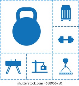 Weight icon. set of 6 weight filled icons such as hook with cargo, cargo container, construction  crane, kettle, barbell   isolated