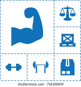 Weight icon. set of 6 weight filled icons such as cargo on palette, cargo container, muscular arm, barbell   isolated, scales