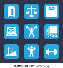 weight icon. Set of 9 filled weight icons such as floor scales, barbell, cargo on palette, cargo container, cargo height, construction  crane, bodybuilder, power lifter
