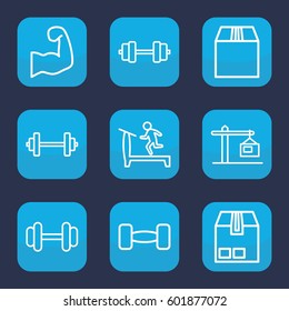 weight icon. Set of 9 outline weight icons such as treadmill, barbell, cargo container, construction  crane