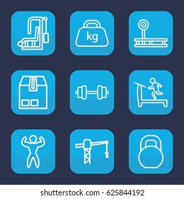 Weight icon. set of 9 outline weight icons such as treadmill, construction crane, barbell, cargo container, weight, bodybuilder, fintess equipment