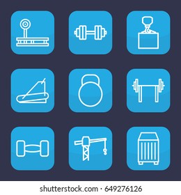 Weight icon. set of 9 outline weight icons such as construction crane, hook with cargo, treadmill, cargo container, barbell, kettle, barbell   isolated