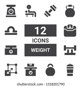 weight icon set. Collection of 12 filled weight icons included Protein shake, Kettlebell, Weight, Stretching, Barbell, Weighing scale, Weightlifting, Libra, Scale, Gym