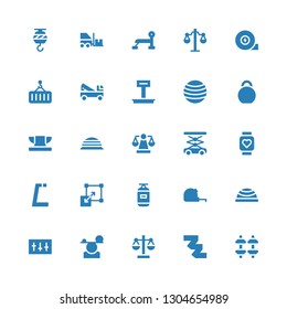 weight icon set. Collection of 25 filled weight icons included Dumbbell, Measuring tape, Scale, Balance, Equalizer, Bosu ball, Punching bag, Stretching, Gym, Pulsometer, Lift