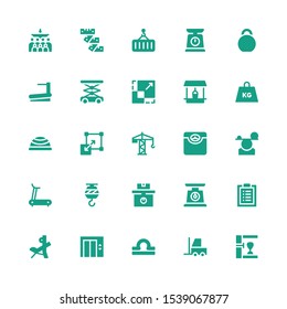 weight icon set. Collection of 25 filled weight icons included Punching bag, Forklift, Libra, Lift, Bench press, Workout, Scale, Weight, Crane, Treadmill, Balance, Stretching