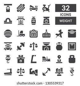 weight icon set. Collection of 32 filled weight icons included Crane, Scale, Dumbbell, Arm, Treadmill, Kettlebell, Weight, Forklift, Gym, Balance, Fitness, Lift, Bench press, Fitness ball