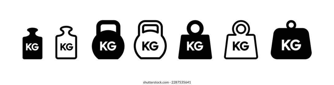 Weight icon set. Kg bell logo. Kettlebell, heavy sign. Iron dumbbell sumbol in vector flat 10 eps.