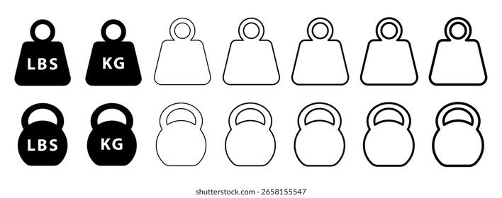 Conjunto de íconos de peso - Símbolos de kilogramo y pesas altas en Ilustración vectorial plana y esquemática