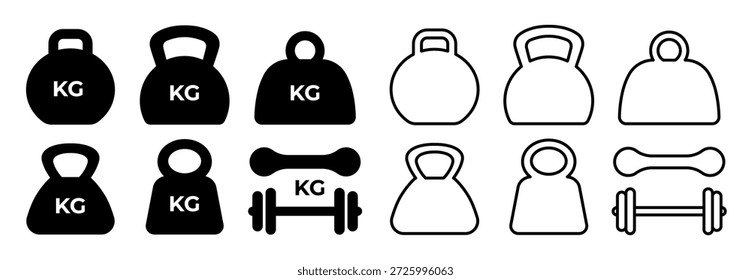 Gewichtungssymbol. Einfache kg-Massezeichen. Schwarze flache Linie, Silhouette schwer, Kraft Fitness Hantel, Fitness Kettlebells. Skalenleistung, Grammschilder, Kilogramm Piktogramme. Vektorgrafik.