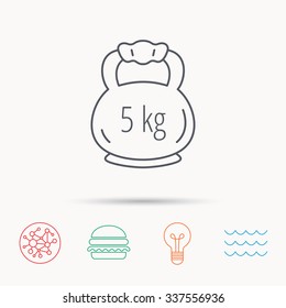 Weight icon. Weightlifting barbell sign. Power fitness symbol. Global connect network, ocean wave and burger icons. Lightbulb lamp symbol.