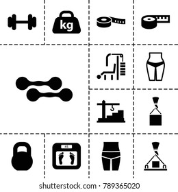 Weight icons. set of 13 editable filled weight icons such as floor scales, measuring tape, waist fitness, barbell, weight, construction  crane, hook with cargo, dumbbell