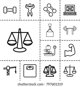 Weight icons. set of 13 editable outline weight icons such as construction crane, scales, dumbbell, floor scales, cargo on palette, bodybuilder, barbell, muscular arm