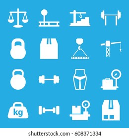 Weight icons set. set of 16 weight filled icons such as barbell, construction crane, hook with cargo, cargo container, construction  crane, kettle, scales, waist fitness