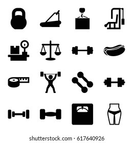Weight icons set. set of 16 weight filled icons such as barbell, hook with cargo, hot dog, floor scales, treadmill, lugagge weight, power lifter, barbell   isolated, scales