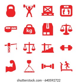 Weight icons set. set of 16 weight filled icons such as treadmill, barbell, floor scales, construction crane, hook with cargo, cargo on palette, cargo container, weight