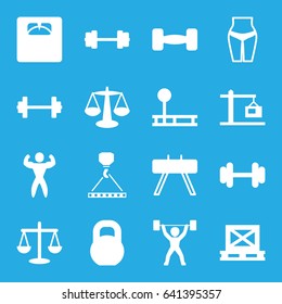Weight icons set. set of 16 weight filled icons such as hook with cargo, floor scales, barbell, cargo on palette, construction  crane, bodybuilder, power lifter, scales