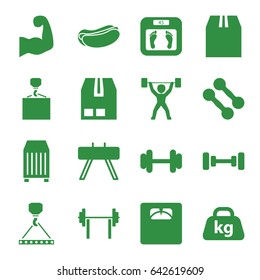 Weight icons set. set of 16 weight filled icons such as barbell, floor scales, hook with cargo, hot dog, cargo container, weight, muscular arm, power lifter, dumbbell