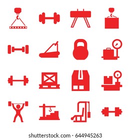 Weight icons set. set of 16 weight filled icons such as lugagge weight, barbell, hook with cargo, treadmill, cargo on palette, cargo container, construction  crane