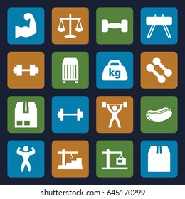 Weight icons set. set of 16 weight filled icons such as hot dog, cargo container, weight, construction  crane, bodybuilder, barbell, muscular arm, power lifter