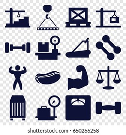 Weight icons set. set of 16 weight filled icons such as lugagge weight, barbell, hook with cargo, hot dog, floor scales, treadmill, cargo on palette, cargo container