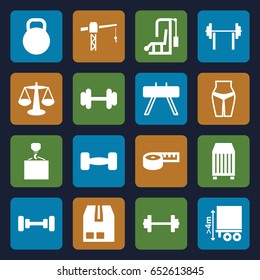 Weight icons set. set of 16 weight filled icons such as barbell, construction crane, hook with cargo, cargo container, cargo height, kettle, scales, measuring tape