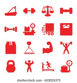 Weight icons set. set of 16 weight filled icons such as lugagge weight, treadmill, barbell, hook with cargo, floor scales, cargo container, cargo height, bodybuilder