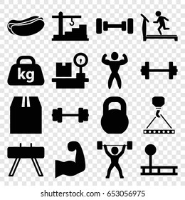 Weight icons set. set of 16 weight filled icons such as treadmill, barbell, hook with cargo, hot dog, cargo container, construction  crane, bodybuilder, muscular arm