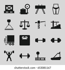 Weight icons set. set of 16 weight filled icons such as lugage weight, construction crane, hook with cargo, floor scales, treadmill, cargo on palette, cargo height