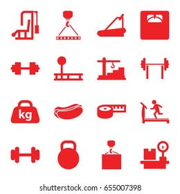 Weight icons set. set of 16 weight filled icons such as treadmill, hook with cargo, hot dog, floor scales, barbell, construction  crane, kettle, barbell   isolated
