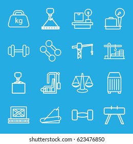 Weight icons set. set of 16 weight outline icons such as construction crane, hook with cargo, barbell, treadmill, cargo on palette, cargo container, construction  crane