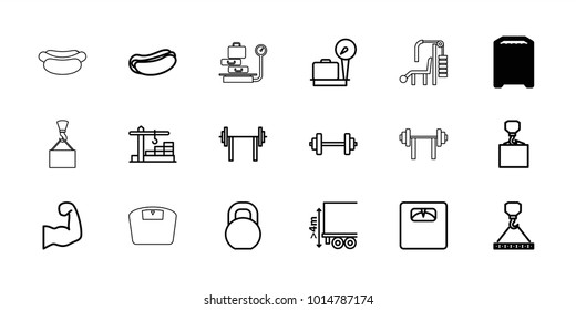 Weight icons. set of 18 editable outline weight icons: lugagge weight, hook with cargo, hot dog, barbell, floor scales, cargo height, construction  crane, muscular arm