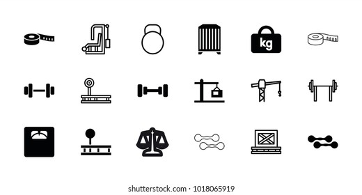 Weight icons. set of 18 editable filled and outline weight icons: barbell, floor scales, construction  crane, construction crane, fintess equipment, gym equipment