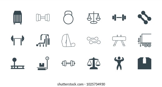 Weight icons. set of 18 editable filled and outline weight icons: dumbbell, fintess equipment, barbell, cargo container, bodybuilder, scales, cargo height, kettle