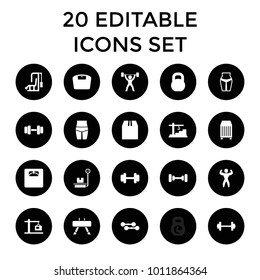 Weight icons. set of 20 editable filled weight icons such as barbell, waist fitness, gym equipment, floor scales. best quality weight elements in trendy style.