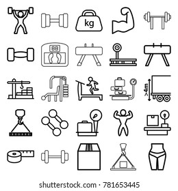 Weight icons. set of 25 editable outline weight icons such as treadmill, hook with cargo, dumbbell, measuring tape, waist fitness, fintess equipment, cargo container