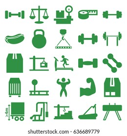 Weight icons set. set of 25 weight filled icons such as treadmill, barbell, hook with cargo, hot dog, cargo container, cargo height, lugagge weight, construction  crane
