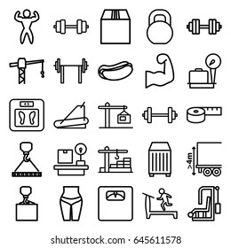 Weight icons set. set of 25 weight outline icons such as lugagge weight, treadmill, floor scales, construction crane, hook with cargo, hot dog, barbell, cargo container