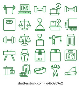 Weight icons set. set of 25 weight outline icons such as lugagge weight, barbell, floor scales, construction crane, hook with cargo, hot dog, treadmill, cargo on palette